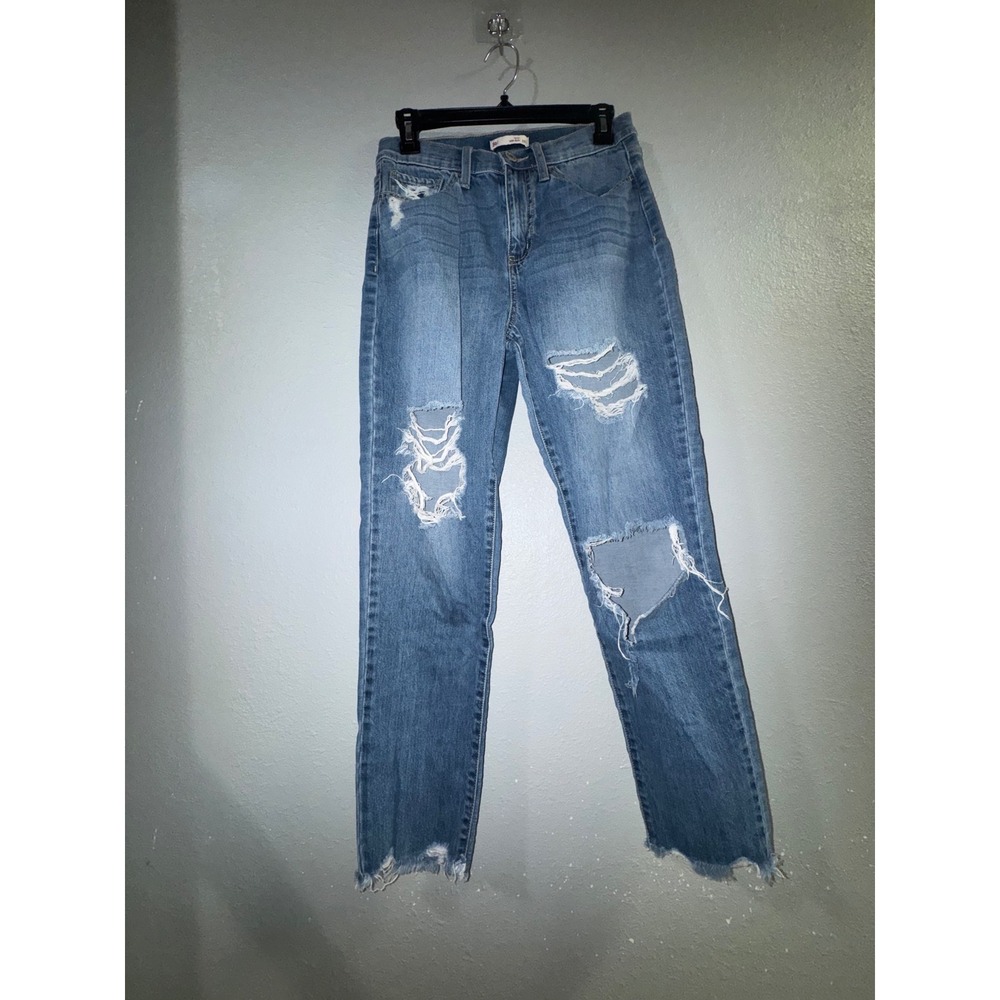 SO High Rise Mom Jeans Distressed Medium Wash Denim Frayed Hem Size 5/27